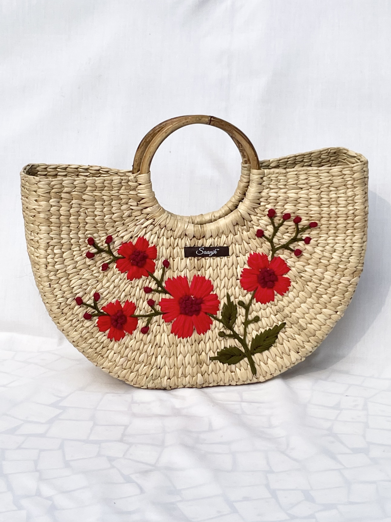 Saanjh Red Floral Kauna Handwoven Embroidered Handbag
